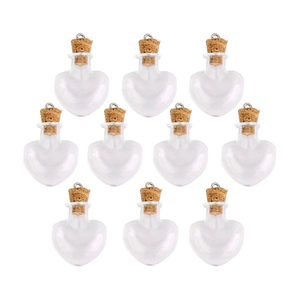 10 Piece Glass Cork Bottle Glasses Ampoules Wool Pendants Heart Form