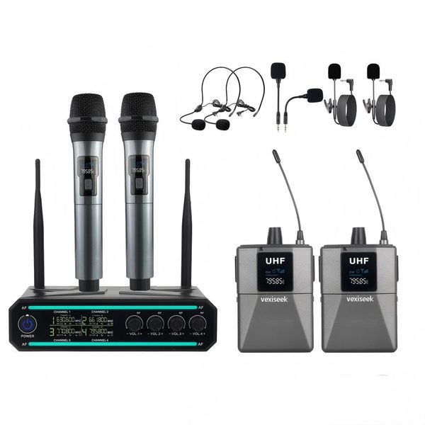 Wireless Microphone 4-Ch UHF Set: Lavalier, Headset and Handheld Mics