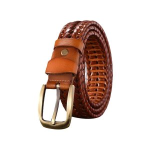 PU Leather Braid Waist Belts for Men and Women - Brown