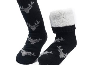 Men Winter Thermal Fleece Lining Knit Non Slip Socks Black &amp; Brown 2 Pack