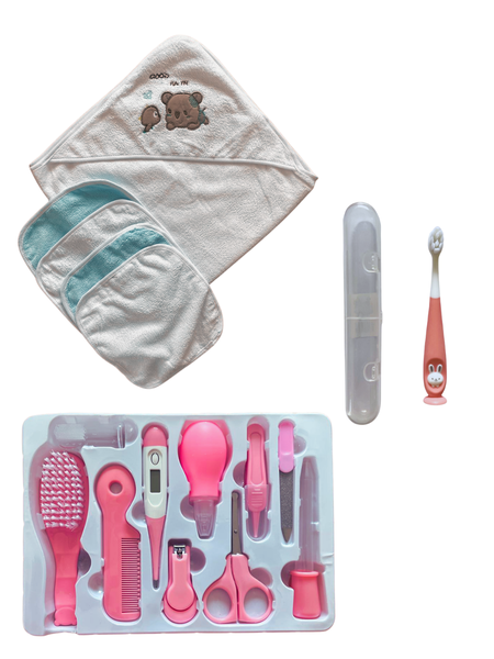 10-Piece Baby Care Kit + 5 in 1 Baby Bath Towel Set + Toothbrush- Gift Pack