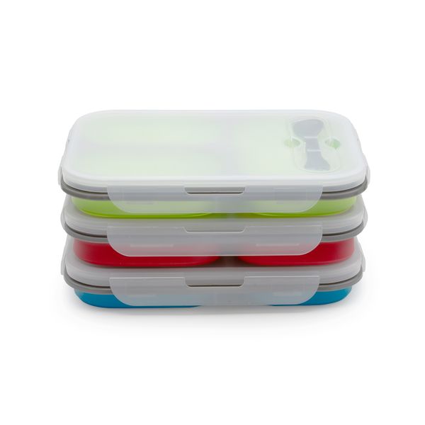 Collapsible Silicone Lunch Box 3 Compartment Food Container Blue Green Red