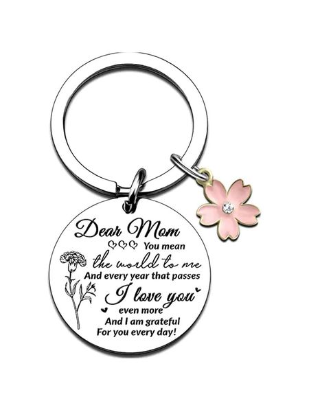 Dear Mom Engraved Keychain with Pink Flower Charm gift for Mothers Day