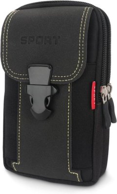 Men's Mobile Phone Sports Bag, Canvas Belt Bag 18cm - Black
