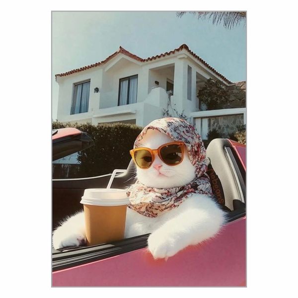 Cat Coffee And Pink Car Poster - A1