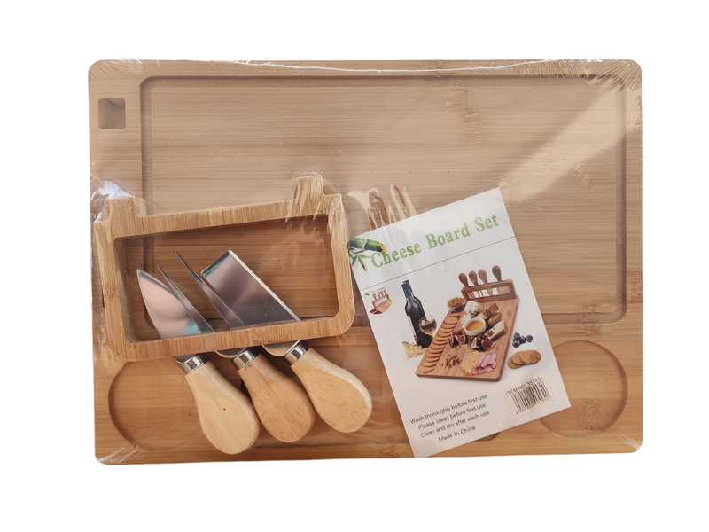 Reactangle Bamboo Wood Cheese And Serving Board With 3 Cheese Knife Set