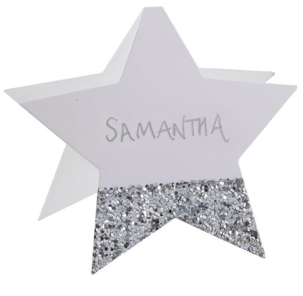 Silver Glitter Place Cards Star Shaped - Silver Glitter
