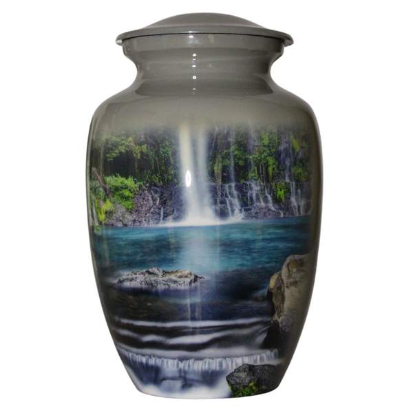 Tropical Waterfall Theme Aluminium Memorial Cremation Urn For Ashes