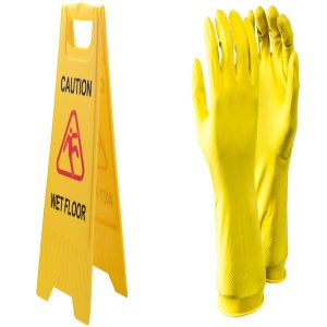 Wet Floor Sign &amp; Pack of 3 Cleaning Gloves