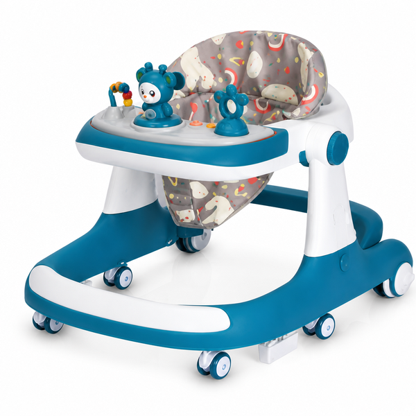 Baby Walker with Colorful Toys Adjustable Height Blue Red &amp; Gray