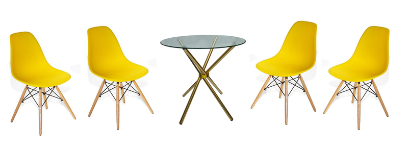 5 Piece 80cm Gold Leg Glass Table and Wooden Leg Chairs