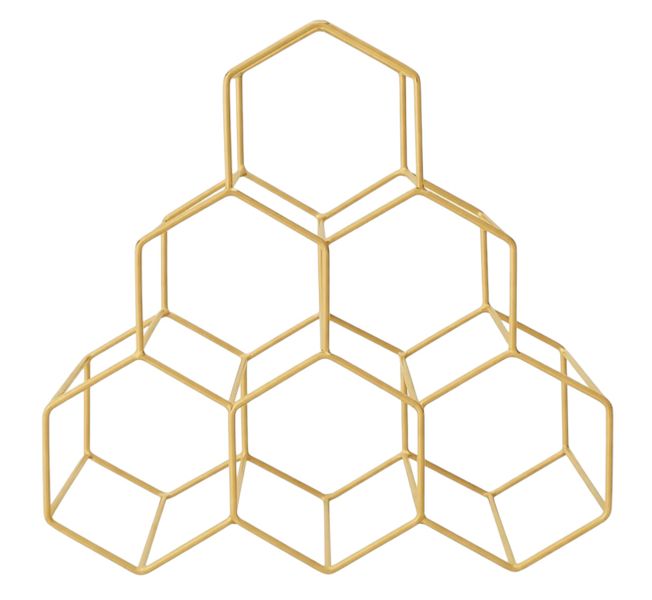 Matte Gold Geometric Metal Bottle Rack - 6 Slot Honeycomb Design