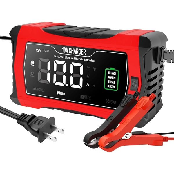 10-Amp Battery Charger, 12VPortable Car LiFePO4 Lead Acid Battery Charger