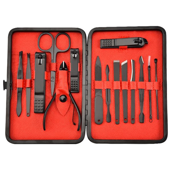 Set of 15 Stainless Steel Manicure Pedicure Nail Grooming Kit - Black