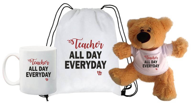 Qtees Africa Teacher All Day, Every Day White Printed Mug, Teddy Bear &amp; Dra