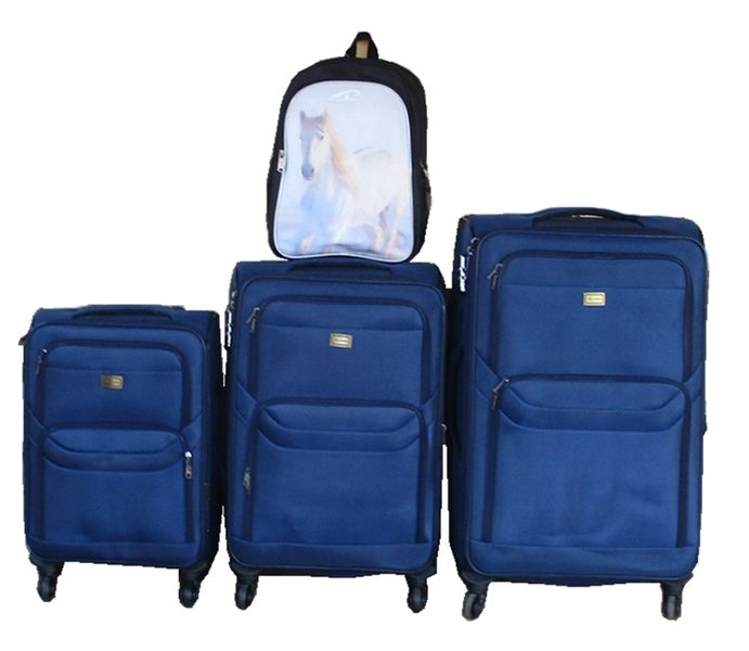 Navy Blue 3-Piece Fabric Spinner Luggage Set with White Horse Backpack