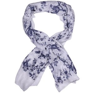 Ladies White Scarf with Navy Blue Bird and Floral Detail