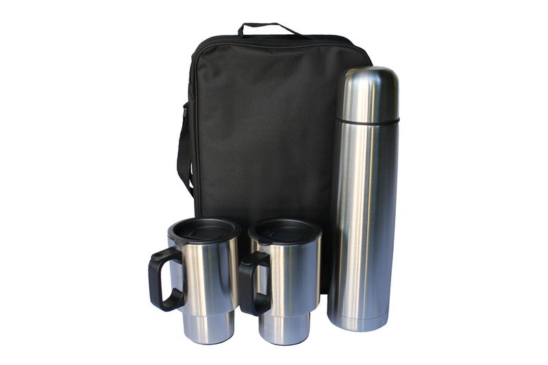 1 Liter Stainless Steel Vacuum Flask and 2 Cup Set with Pouch