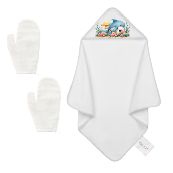 Baby-New Born Towel with Mom and Dad Glove Gift Set-Coral Reef