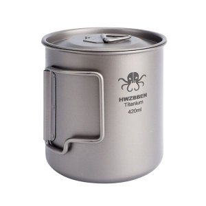 420ml Outdoor Titanium Cup Camping Mug Foldable Handle Pot with Lid