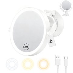 Topika Makeup Mirror Suction Cup 18cm, 1X/10X, 3 Light Modes Rechargeable