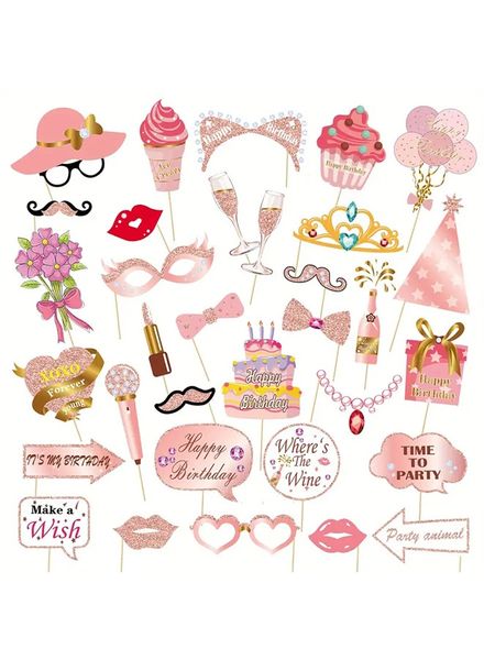 33 Piece Rose Gold Glitter Birthday Booth Kit DIY Photo Props Set