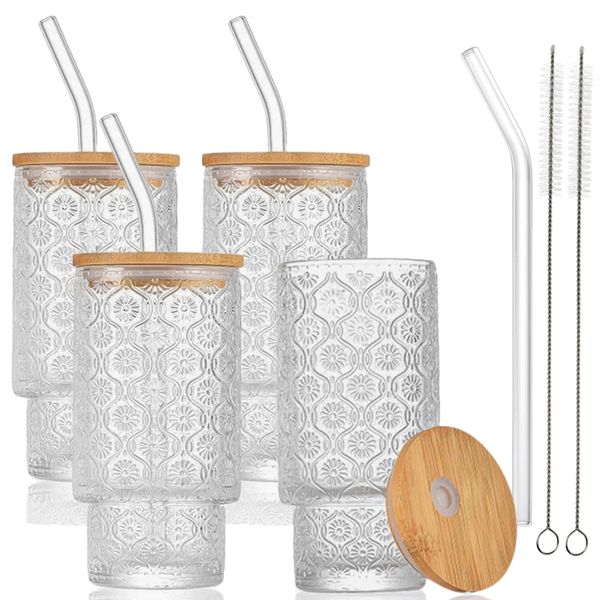 4 Pk 16oz Drinking Glasses Set with Bamboo Lid and Straw Embossed Glasses