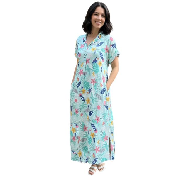 Printed Cotton Shirt Dress with Pockets Blue