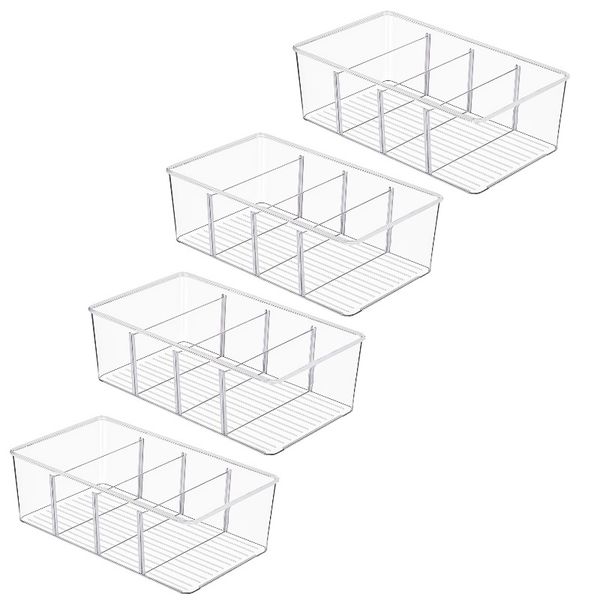 4 Pack Acrylic Fridge Storage Bins with Adjustable Dividers - Transparent