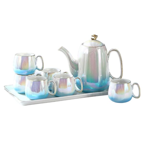 9 Pieces Luxury Gradient Tiffany Blue Coffee Set High-tea Cups, Teapot &amp; Tray