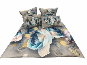 Queen 5 Piece Microfiber Bedspread Set Brown With Blue Roses
