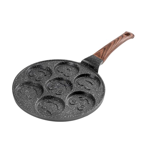 Non-Stick 7-Cup Emoji Smiley Face Mold Pancake &amp; Egg Pan With Wooden Handle