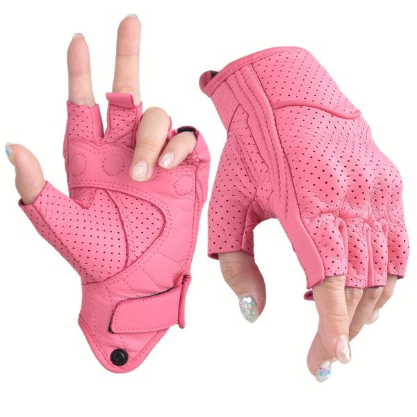 Women's Pink Sheepskin Half-Finger - Breathable Summer Outdoor Gloves with