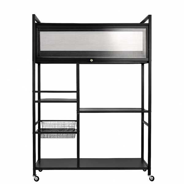 4-Tier Black Metal Kitchen Storage Rack with Sliding Door Cabinet