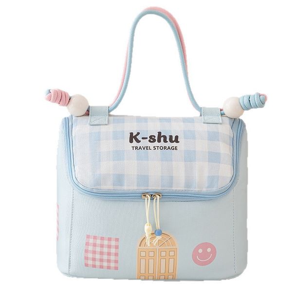 Girlish Blue-and-White Gingham Cosmetic Bag | Stylish Top-handle Design