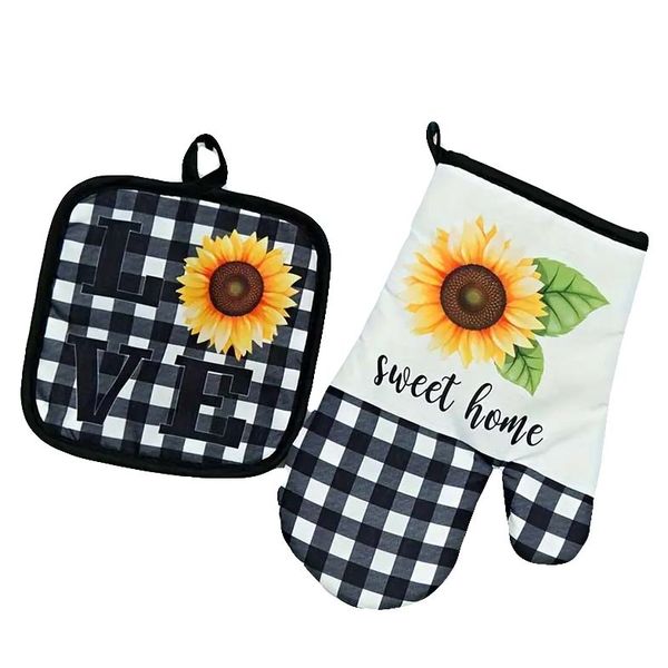 Black &amp; White Sunflower Pot Holder and oven Glove