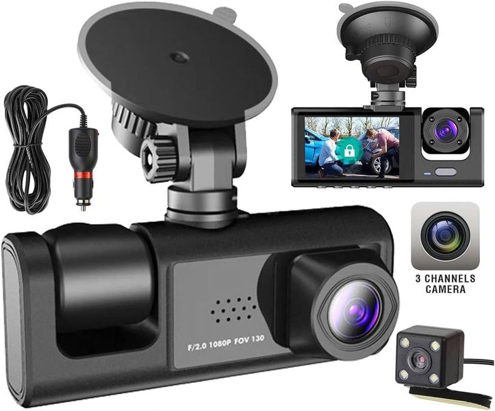 3-Way Dash Cam IR Night Vision/GPS/Loop Recording