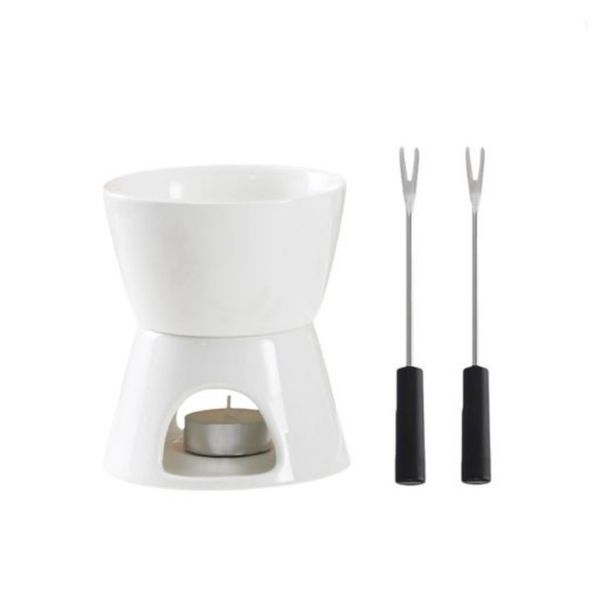 Ceramic Fondue Set - Chocolate/Cheese, 2 Forks - White