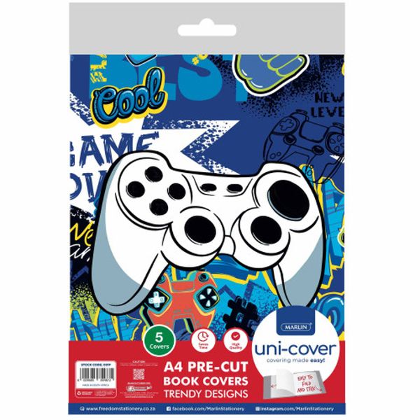 Marlin A4 PreCut Book Covers Cool Gamer -5 Pack