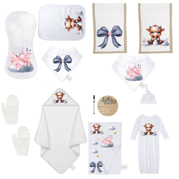 Baby Shower Full Gift Set-Burp cloths,Hooded Towel-Highland Cow Navy