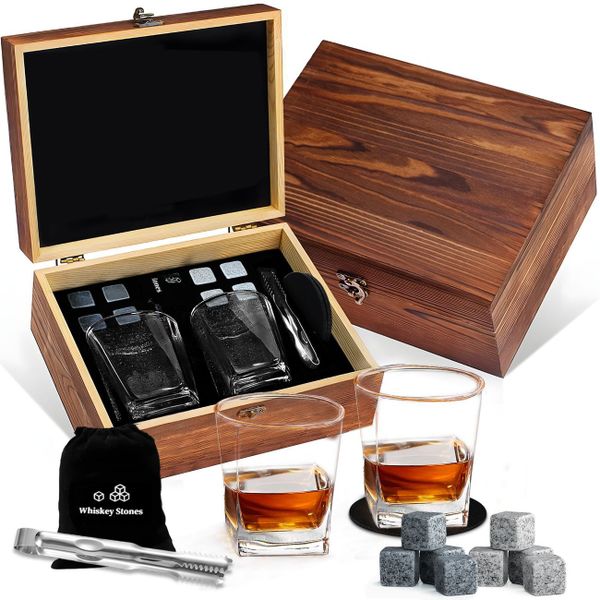 14pcs Whiskey Glasses &amp; Whiskey Stones Gift Set Wooden Box for Men Dad