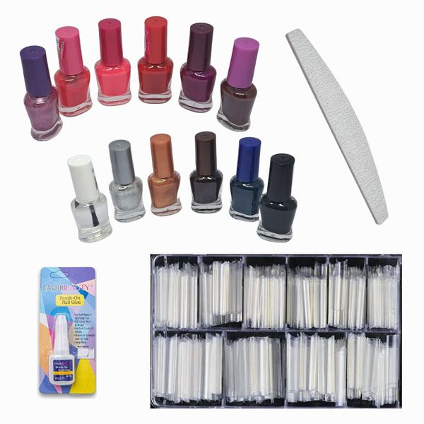 12 Pieces nail polish, 100 pieces XL C-curve clear nail tips, file &amp; glue