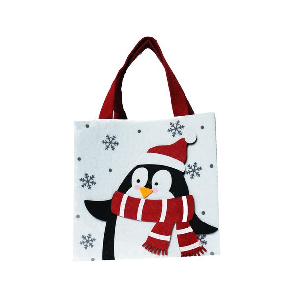 Light Grey Felt Christmas Basket with Penguin - 180x80x180mm, Red Handles