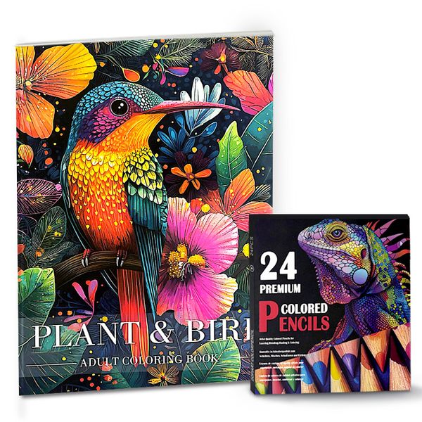 Plant &amp; Bird Adult Coloring Book Set with 24 Premium Colored Pencils