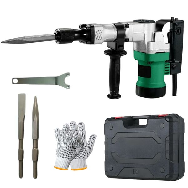 1700W Green Demolition Jack Hammer Concrete Breaker, Case, Chisels &amp; Gloves