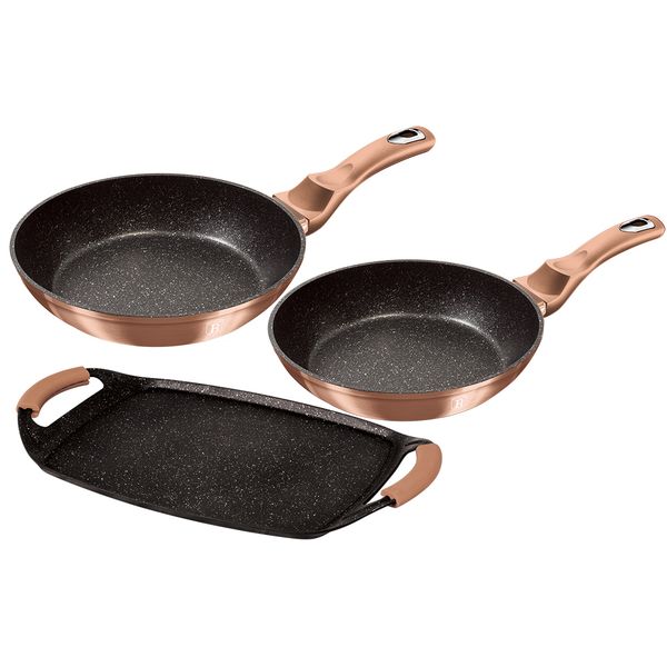 Berlinger Haus 3 Piece Marble Coating Frypan &amp; Grill Plate Set - Rose Gold Collection