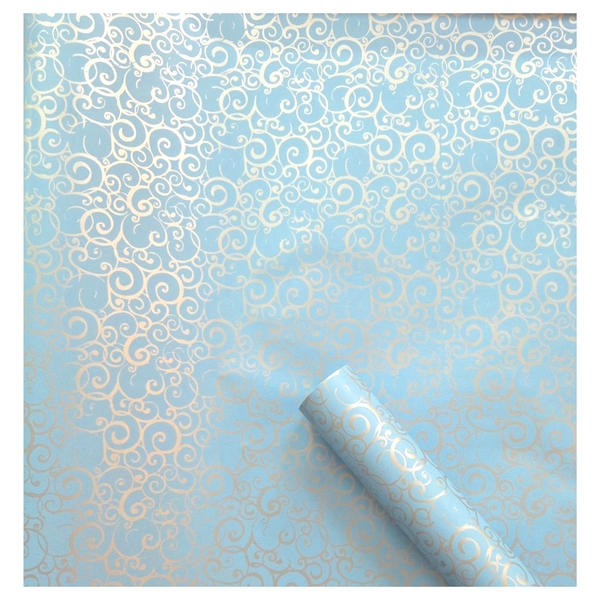 Silver Curls on Light Blue Wrapping Paper Roll 500mm x 10meter Gift Wrap