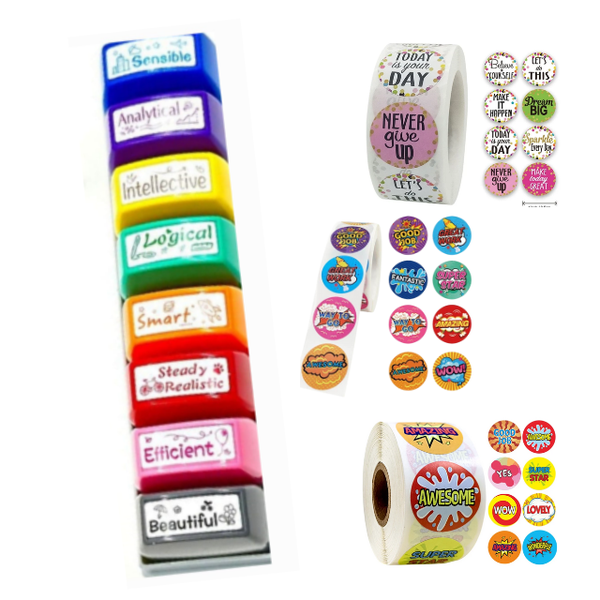 4PK Combo School Teacher Encouragement 1500 sticker &amp; 8 Sensible Stamp