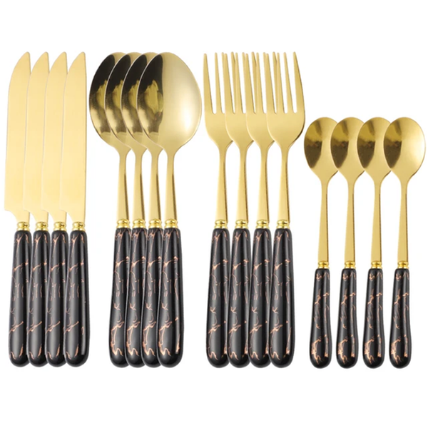24 PiecesClassy Marble Black and Gold Kitchen Cutlery Set