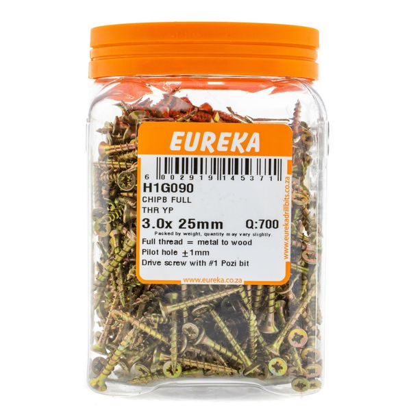 EUREKA Chipboard Screws Full Thread Yellow Zinc 3 x 25mm Q:700 H1G090